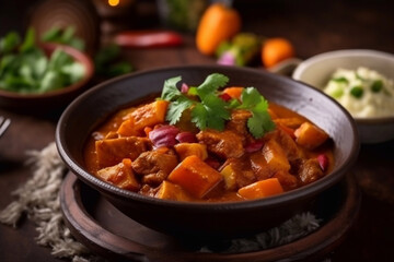 Indian curry bowl. Restaurant serving. Menu photo. Generative AI.