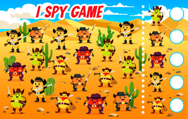 I spy game. Wild West cartoon cowboy, sheriff and robber fruits characters in desert kids game worksheet. Vector puzzle quiz or matching riddle with Western apple, mango, orange and pear personages