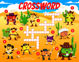 Fototapeta premium Crossword quiz game, cartoon cowboy, sheriff and robber fruits characters on Wild West landscape, vector worksheet. Kids crossword game to guess word of apple sheriff, mango cowboy and lemon robber