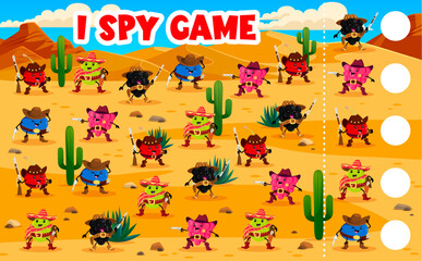 I spy game, cartoon western berry cowboy, sheriff, ranger and bandit characters, kids vector puzzle worksheet. Blackberry bandit with raspberry sheriff and blueberry to find and match same pictures - obrazy, fototapety, plakaty