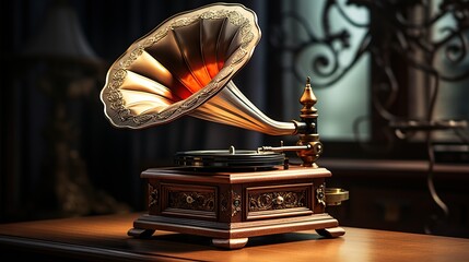 Luxury Old gramophone with plate or vinyl disk on wooden box, AI generated image