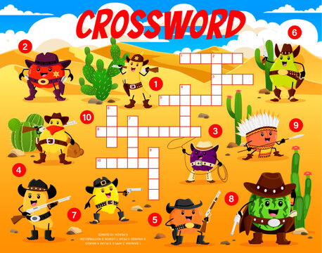 Crossword quiz game, cartoon cowboy, sheriff and robber fruits characters on Wild West landscape, vector worksheet. Kids crossword game to guess word of apple sheriff, mango cowboy and lemon robber