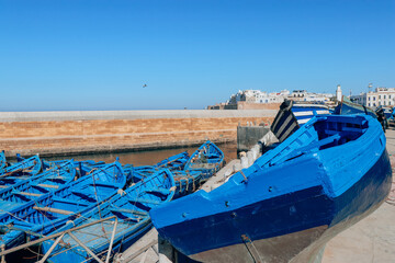 Fleet of Blue Boat in the Harbor in Essaouira, Morocco