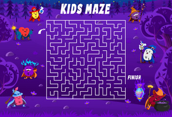 Labyrinth maze help to micronutrient wizards find a magic potion. Kids vector board game worksheet with C, D, E, H, B1, U and P Halloween nutrient capsule characters in night forest with tangled path - obrazy, fototapety, plakaty