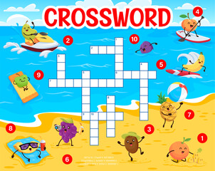 Crossword quiz game. Cartoon funny fruits on summer beach. Crossword wordsearch puzzle vector worksheet with guava, peach, plum, banana and apple funny characters sunbathing, surfing and swimming
