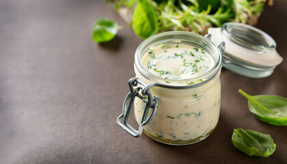 Homemade ranch dressing in a small jar with herbs