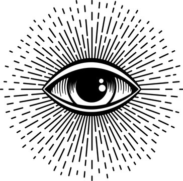 Magic eye with abstract sun rays, occult mystery decoration hand drawn vintage mystic tattoo. Vector witchcraft talisman, magical esoteric amulet