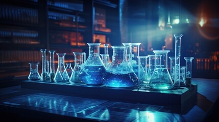 laboratory glassware containing colorless blue liquid ,AI generated image