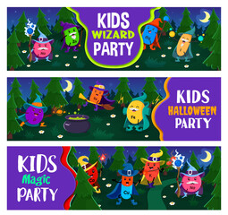 Kids Halloween party. Cartoon mineral and micronutrient wizards Na, Zn, Mg and I. P, Se, Fe, Ca, Cu, K and Na warlocks, witches and sorcerer characters in night forest. Vector horizontal banners - obrazy, fototapety, plakaty