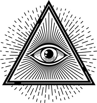 Pyramid eye magical esoteric religion mystical sign in triangle shape, doodle style. Vector occult providence symbol, sacred magical eye