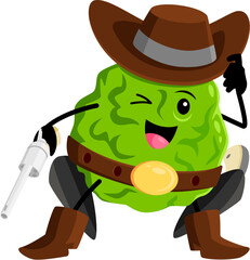 Cartoon bergamot fruit cowboy or robber character. Funny vector ranger personage wink eye Citrus tropical plant wild west hero, western healthy food, vitamin with gun, wear hat, belt and boots