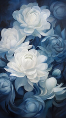 White and Blue Peonies Abstract Background - Floral Digital Painting Wallpaper - Generative AI