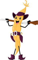 Cartoon soybean pod cowboy, bandit or ranger character. Vector quirky soy or legume with yellow husk. Bean personage with brown boots, hat, and belt, holding rifle gun inspired by the iconic Wild West