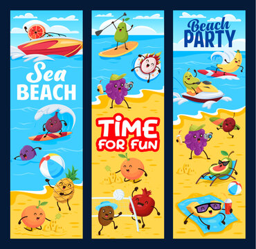Cartoon fruits on summer beach vacation. Beach party vector vertical banners with funny grapefruit, fig, plum, pineapple, orange and dragon fruit, grapes surfing, swimming and sunbathing on beach