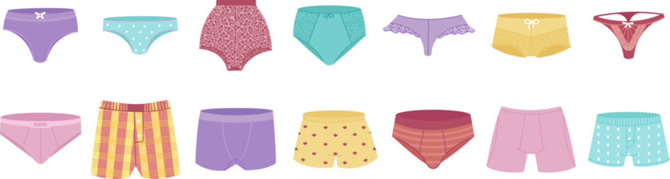 Male female underwear. Lingerie underpants, girl and boy undies. Swimsuit and panties, fashion flat adults garment, decent vector collection