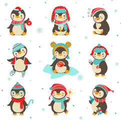 Cute cartoon penguin, xmas penguins holiday kit. Winter animals, xmas happy characters in scarf and hats. Funny children stickers nowaday vector set