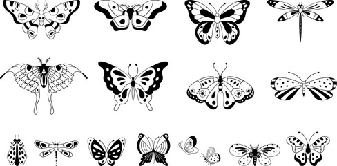 Isolated abstract butterflies black silhouettes. Butterfly decorative graphics, mystic nature tattoo stylized design. Nowaday vector elements