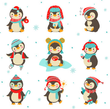 Cute cartoon penguin, xmas penguins holiday kit. Winter animals, xmas happy characters in scarf and hats. Funny children stickers nowaday vector set