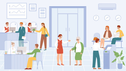 Bank office, finance service customers. Cashier, consultant and clients. Finance department interior, cartoon woman and man working, snugly vector scene