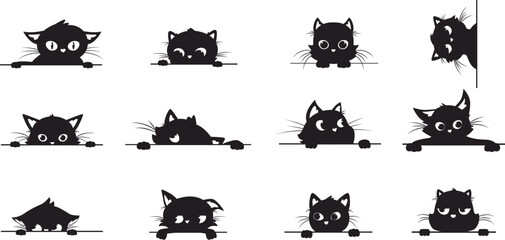 Black cat peeking, spy cats pets from corner. Creative kitty graphic silhouettes with big eyes. Peek kittens, looking and playful snugly vector stickers - obrazy, fototapety, plakaty