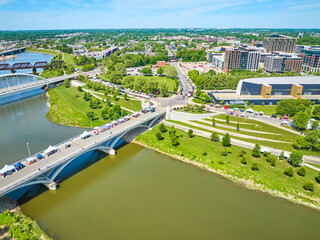 Scioto River aerial with busy ridge leading into Columbus Ohio downtown