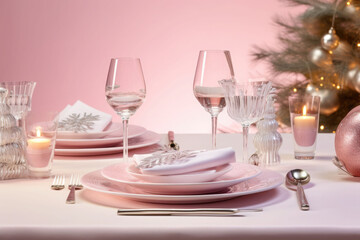 Christmas table setting in pastel colors. Minimalist style