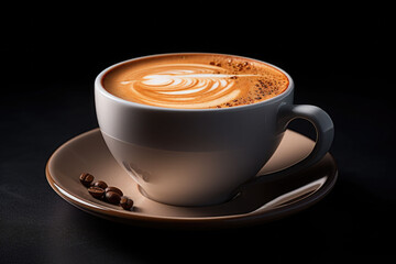 Cup of coffee with coffee beans on background. Latte or cappuccino prepared with milk