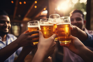 A group of friends toasting with beer at a summer barbeque, close up - obrazy, fototapety, plakaty