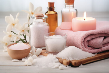 Fototapeta na wymiar Beauty treatment items for spa procedures. Massage stones, essential oil and sea salt