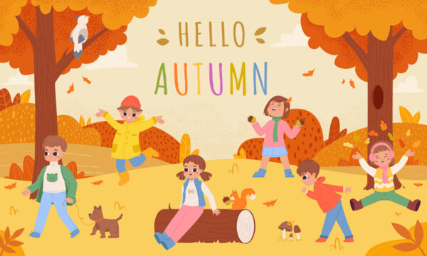 Naklejka Autumn forest landscape with children. Funny child gathering leaves, fall season in park. Girl and squirrel, mushrooms and snugly nature vector scene