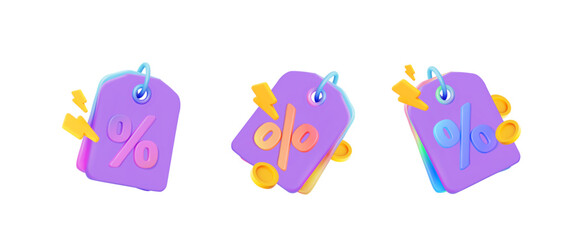 Сlearance sale label with percent sign. Flash lightning price and with coins.  With a gradient effect. 3d vector illustration.