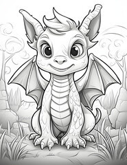 Enchanting Baby Cute Dragon with Wings - A Whimsical Coloring Page for Kids, AI Illustration Drawing Black & White