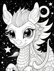 Enchanting Baby Cute Dragon with Wings - A Whimsical Coloring Page for Kids, AI Illustration Drawing Black & White