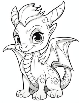 Enchanting Baby Cute Dragon with Wings - A Whimsical Coloring Page for Kids, AI Illustration Drawing Black & White