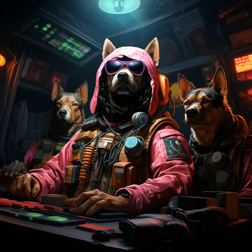 A digital illustration of dogs on a spaceship