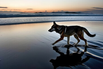 Dog Walking on the Beach at Sunset, Generative AI