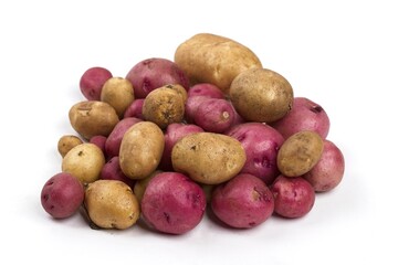Red and yellow baby potatoes on white background.