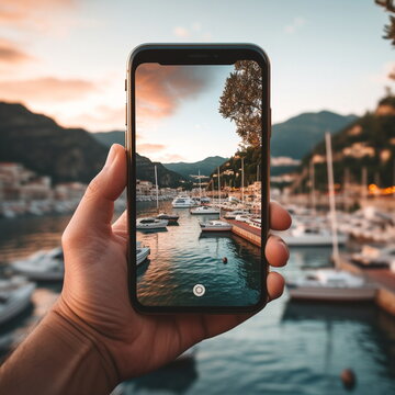 phone in man hand making photo of night city  in Italy portofino with phone cam