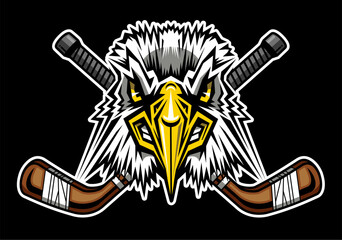 Naklejka premium mean eagle mascot with crossed hockey sticks for school, college or league sports