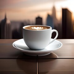 Cup of coffee on table with enjoying beautiful view and sky, great for business, shop, company, website, advertisement, product logo etc. The concept of generative Ai