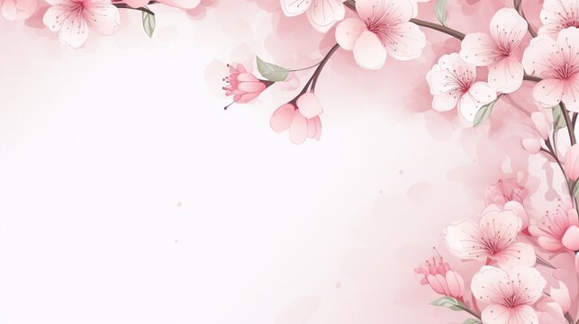 Pink Cherry blossoms and falling petals flower. Watercolor, AI generated image