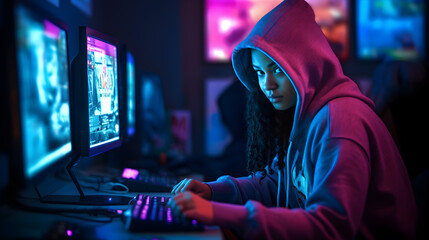 Young African-American teenager programming in a dark room, wearing pink hoodie, focused on her computer. Illustrates information technology, cybersecurity, and a skilled programmer at work