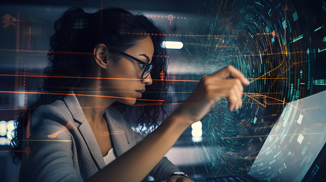 Latina professional woman engineer programming on her laptop with digital elements floating in the air. Illustrates technology, web design, coding expertise in a modern office setting