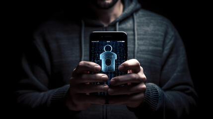 Fototapeta na wymiar Unrecognizable person wearing hoodie, performing facial recognition on a smartphone's rear camera for secure biometric authentication. Futuristic technology ensuring digital identity verification and 