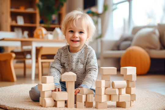 A lifestyle photograph of a young toddler playing with wooden block toys