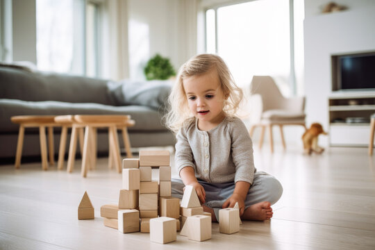 A lifestyle photograph of a young toddler playing with wooden block toys