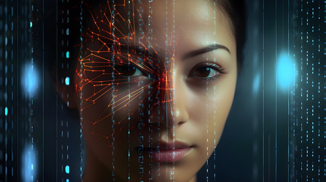 Asian woman's face scanned by digital lines for facial recognition. Cutting-edge technology for future-proof identity authentication secure data access