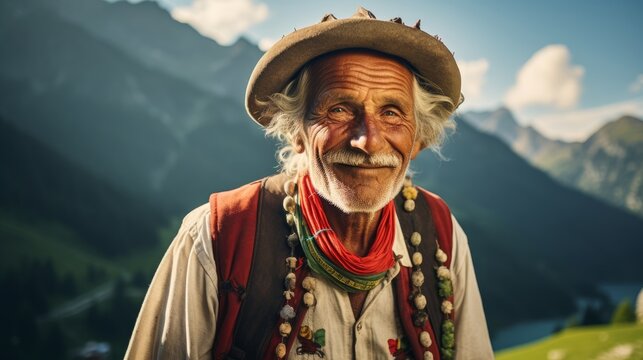 portrait of old swiss man in the alps wearing traditional swiss cultural clothing. beautiful scenic view on mountains, fieds and a village in the background. graubünden, switzerland. Generative AI - Powered by Adobe