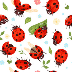 Ladybug pattern. Nature colored cartoon flying insects. Vector seamless background