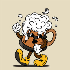 Happy walking retro cartoon funny beer. Mug of beer mascot character. Vintage drink vector illustration in retro 70s groove style for poster flyer or t-shirt design isolated on light background. 